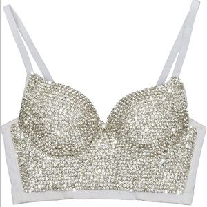 ELLACCI Handmade Rhinestone Diamond Push up Bustier/Crop Top/Corset Bra White -M
